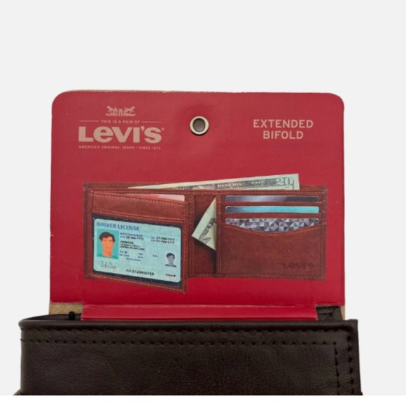 Levi's Men's RFID-Blocking Extended Bifold Wallet Brown/ Tan 2-ID Windows - Picture 9 of 13